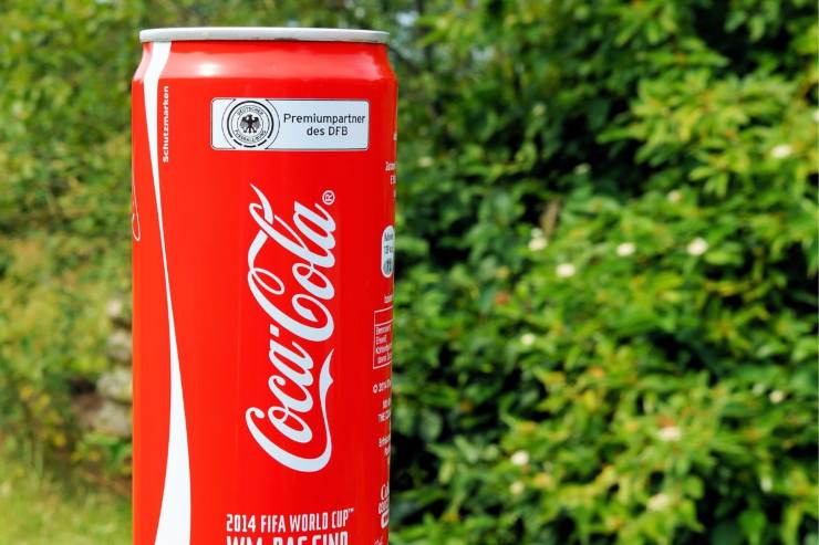 Coca cola in lattina su prato