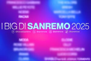 Logo Sanremo 2025 con i nomi dei big in gara oscurati